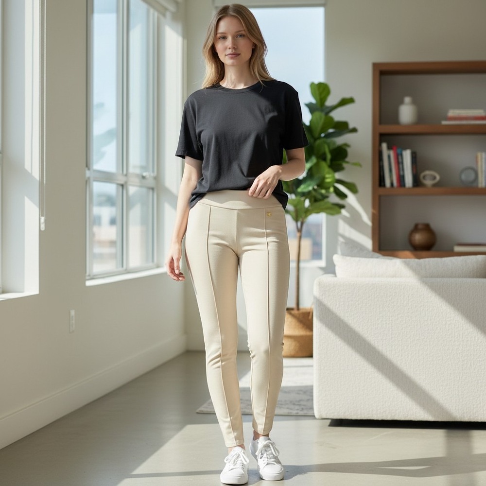 Anne Klein Beige High Waisted Pintuck Women's M Gold Logo Cream Legging Pants